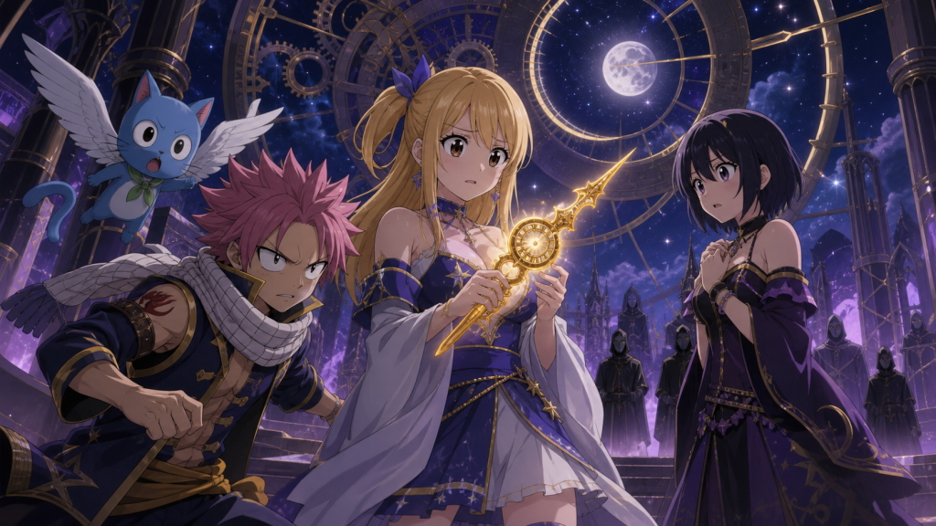 Lucy holds the Clock Hand while Natsu, Happy, and Michelle face the celestial machinery of the Infinity Clock