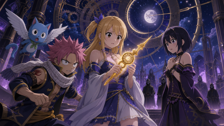Lucy holds the Clock Hand while Natsu, Happy, and Michelle face the celestial machinery of the Infinity Clock