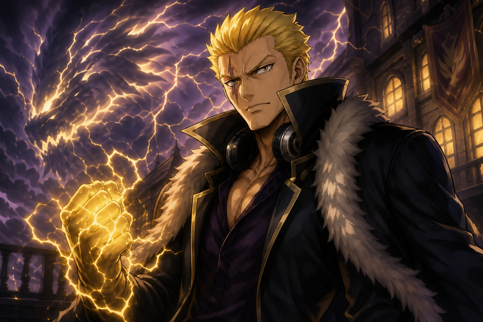 Laxus Dreyar channels lightning before the Fairy Tail guild hall