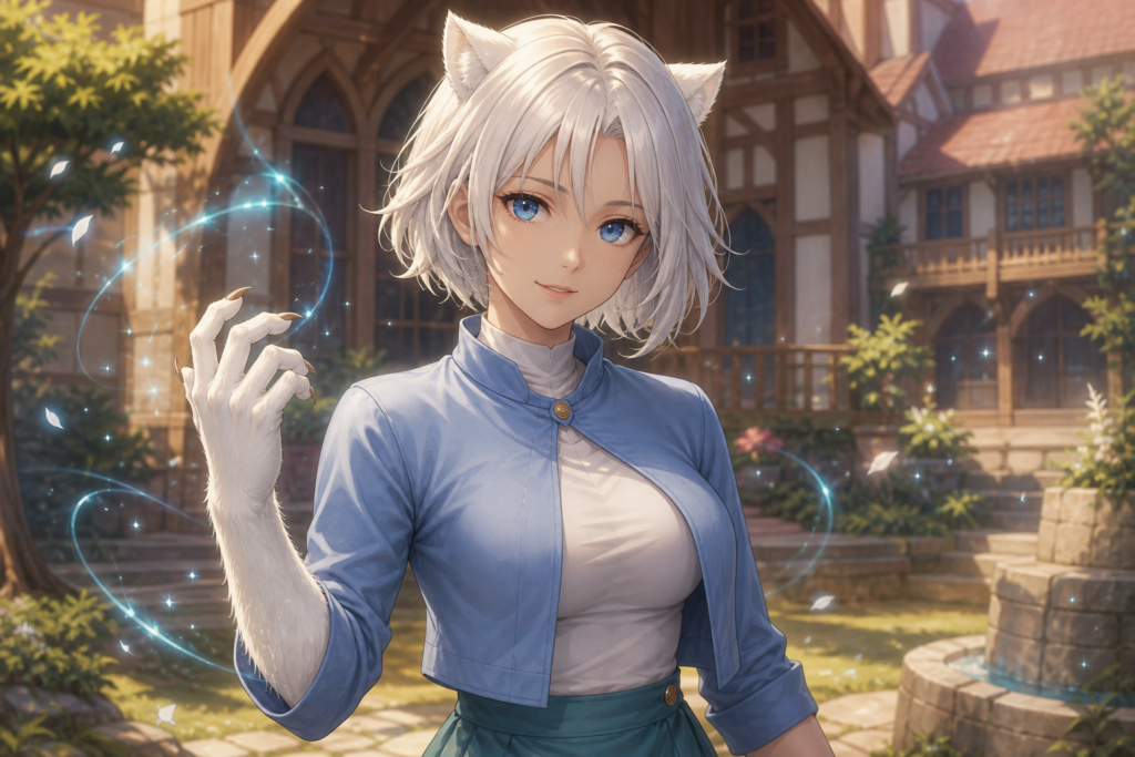 Lisanna Strauss uses Animal Soul magic before the Fairy Tail guild hall
