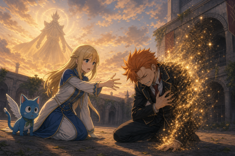 Lucy reaches toward Loke as his Celestial Spirit body dissolves into golden starlight beneath the Spirit King