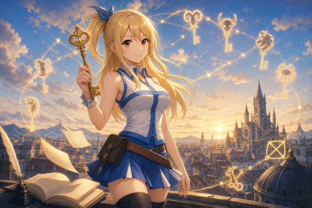 Lucy Heartfilia raises a golden Celestial Spirit Gate Key above Magnolia in original Fairy Tail fan art