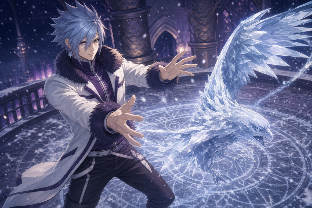Lyon Vastia creates a dynamic ice eagle with two-handed Ice-Make magic in original Fairy Tail fan art