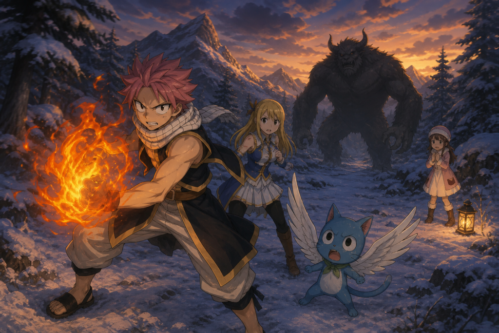 Natsu, Lucy, and Happy face the Vulcan that captured Macao in a snowy mountain forest