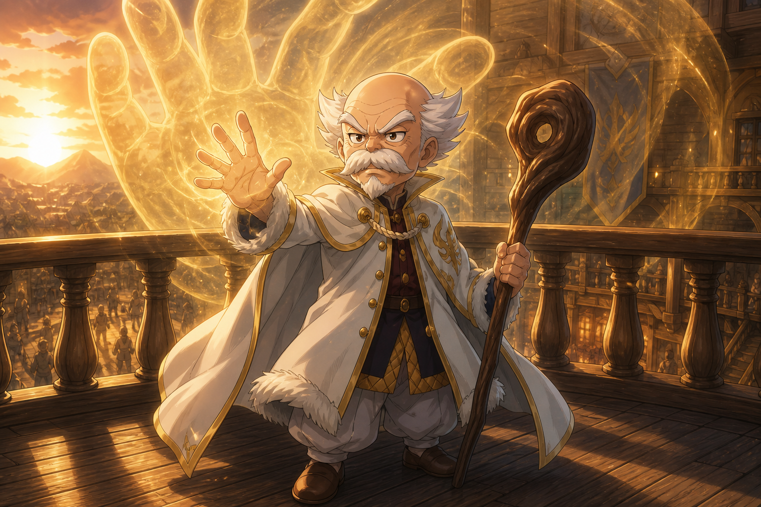 Makarov Dreyar uses Giant magic before the Fairy Tail guild hall