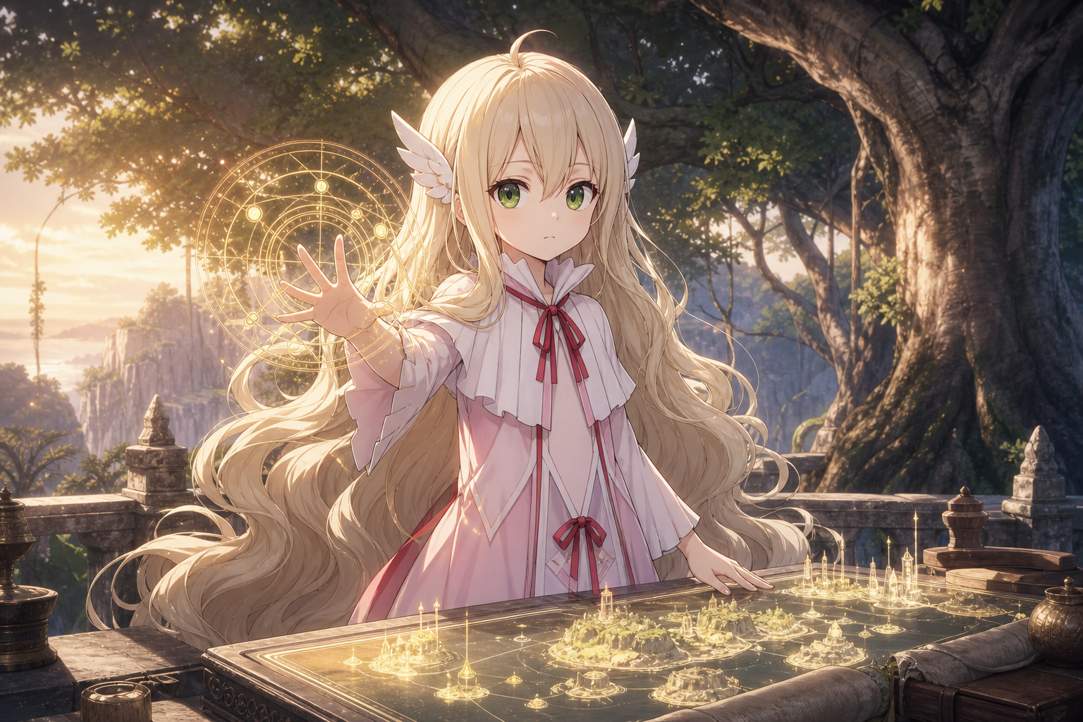 Mavis Vermillion casts a golden Fairy Law circle above a strategy map on Tenrou Island