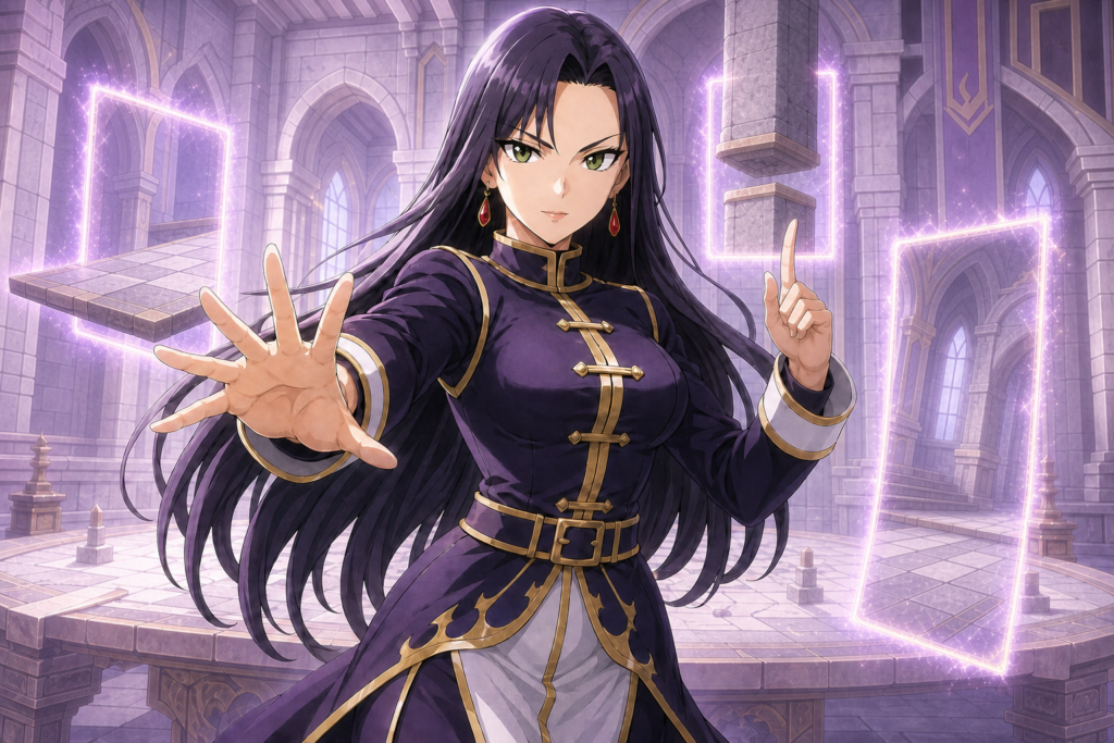 Minerva Orland displaces stone architecture through violet-gold Territory rifts in original Fairy Tail fan art