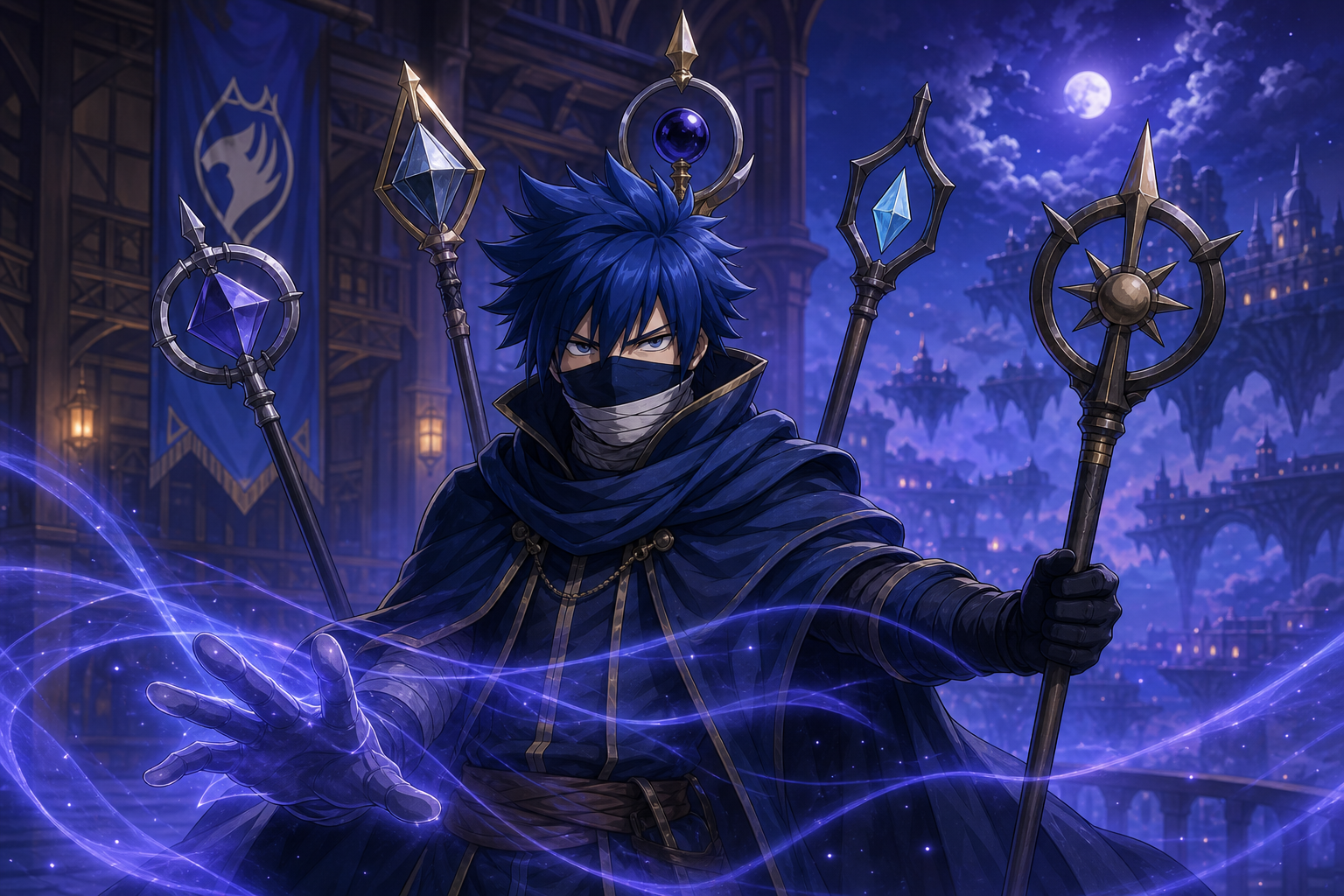 Mystogan casts sleep magic with five staffs between Fairy Tail and an Edolas sky