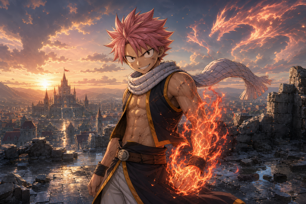 Natsu Dragneel raises a Fire Dragon Slayer flame above Magnolia in original Fairy Tail fan art