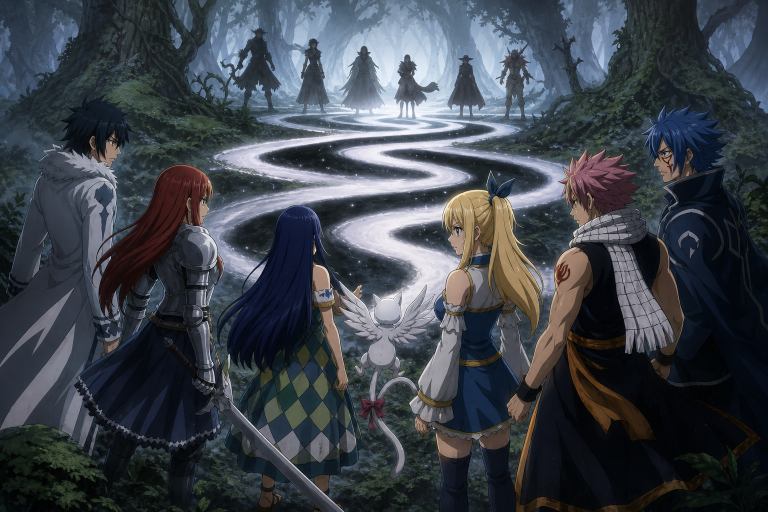 Fairy Tail allied guild members confront the Oración Seis beneath the shadow of Nirvana