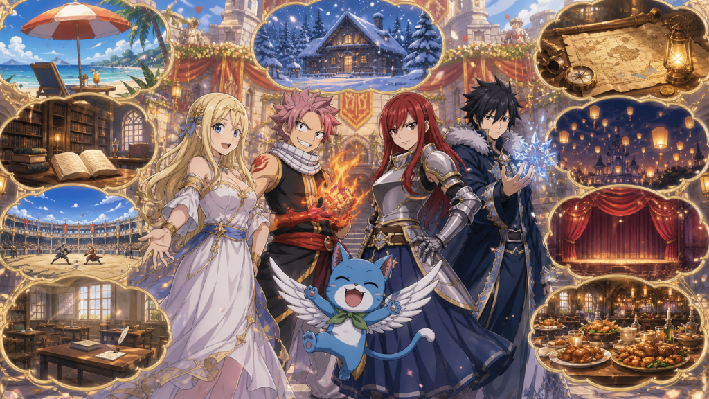 Lucy, Natsu, Erza, Gray, and Happy stand among nine magical windows representing Fairy Tail OVA adventures