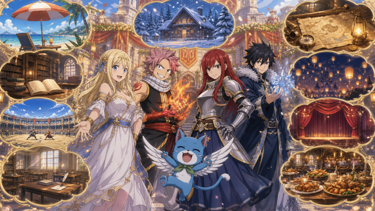 Lucy, Natsu, Erza, Gray, and Happy stand among nine magical windows representing Fairy Tail OVA adventures