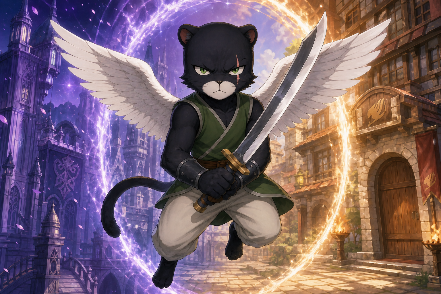 Panther Lily holds his sword with Aera wings spread between Edolas and Fairy Tail