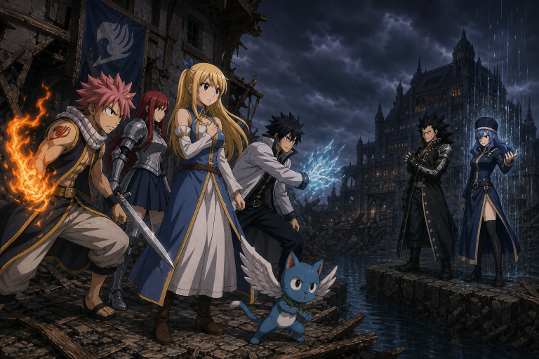 Lucy stands with Natsu, Erza, Gray, and Happy opposite Gajeel and Juvia near the damaged Fairy Tail guild hall
