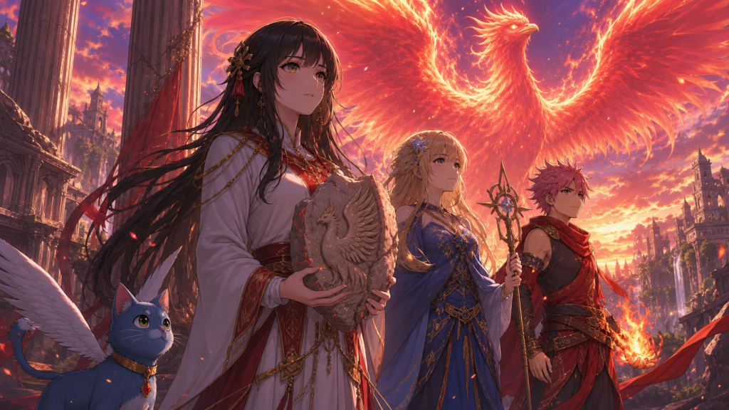 Éclair holds the Phoenix Stone beside Lucy, Natsu, and Happy beneath a blazing phoenix spirit
