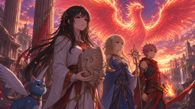 Éclair holds the Phoenix Stone beside Lucy, Natsu, and Happy beneath a blazing phoenix spirit