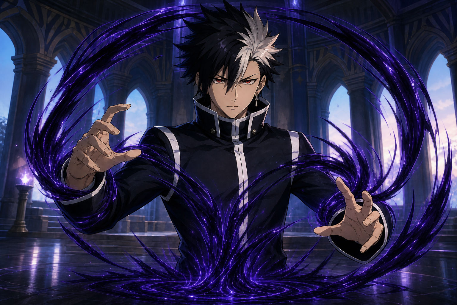 Rogue Cheney casts abstract Shadow Dragon Slayer Magic inside Sabertooth's guild hall in original Fairy Tail fan art