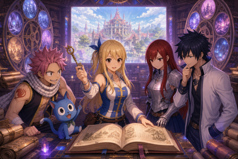 Lucy, Natsu, Happy, Erza and Gray explore a magical Fairy Tail animation archive in original fan art