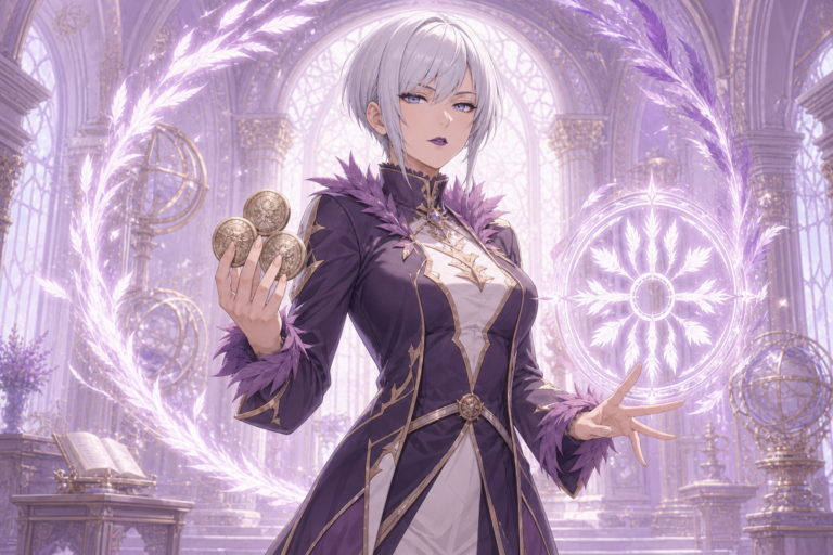 Sorano Agria directs a black-and-white Angel Magic seal with three coins in original Fairy Tail fan art