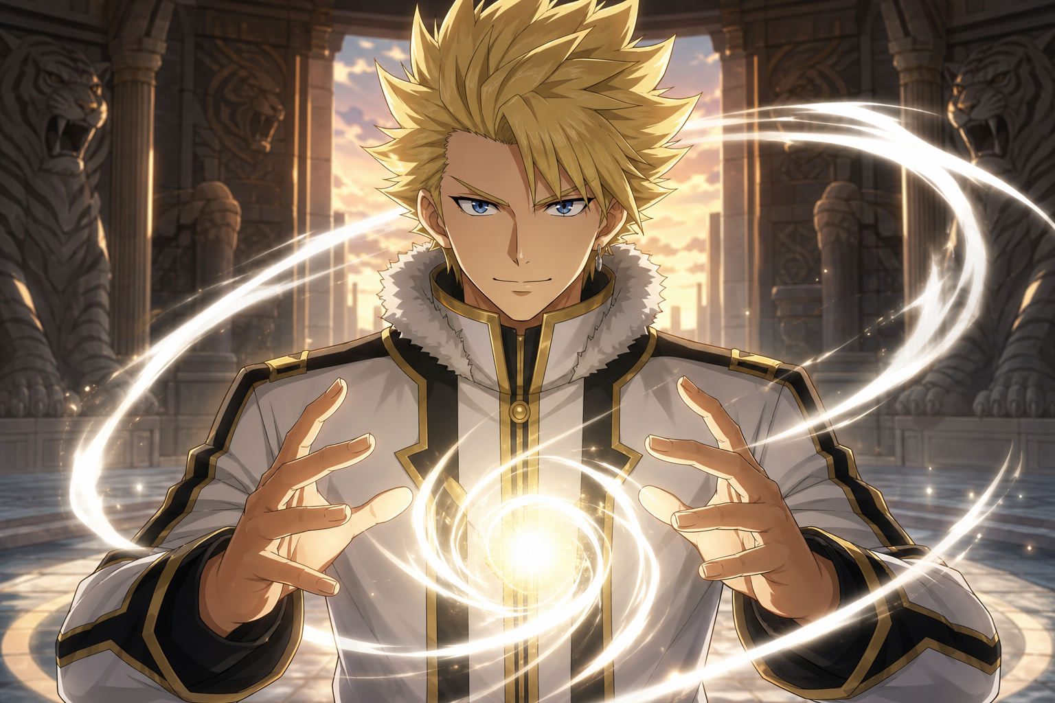 Sting Eucliffe casts White Dragon Slayer Magic inside the Sabertooth guild hall in original Fairy Tail character-profile fan art