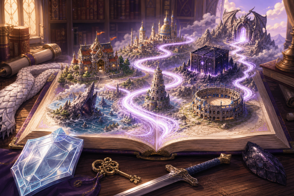 Magical atlas tracing Fairy Tail's animated story arcs through Fiore landmarks