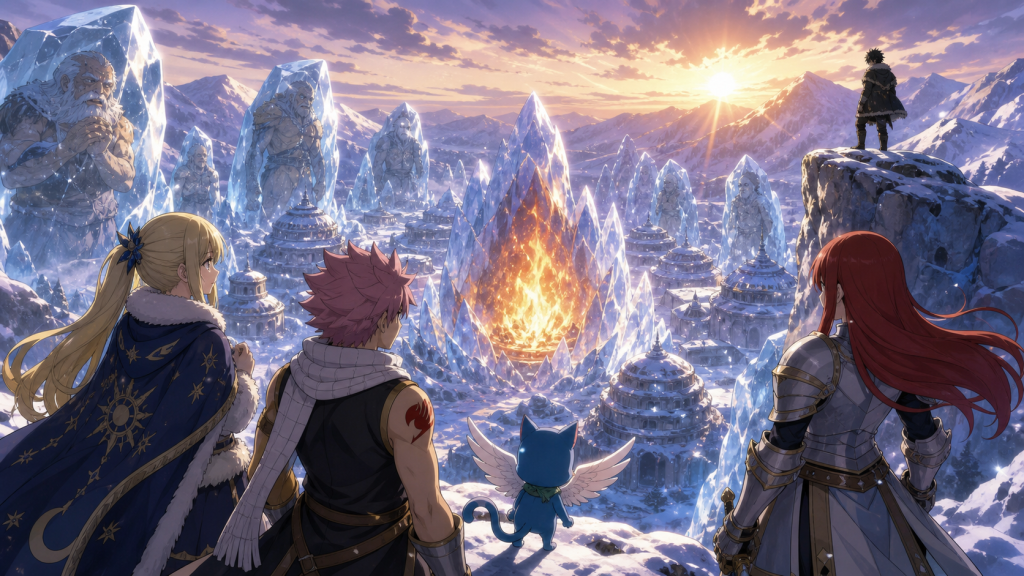 Natsu, Lucy, Erza, and Happy overlook the frozen giants and Eternal Flame of Sun Village