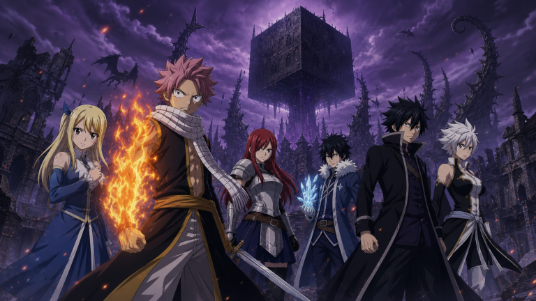 Fairy Tail members stand before the floating Cube fortress of Tartaros above a ruined council city