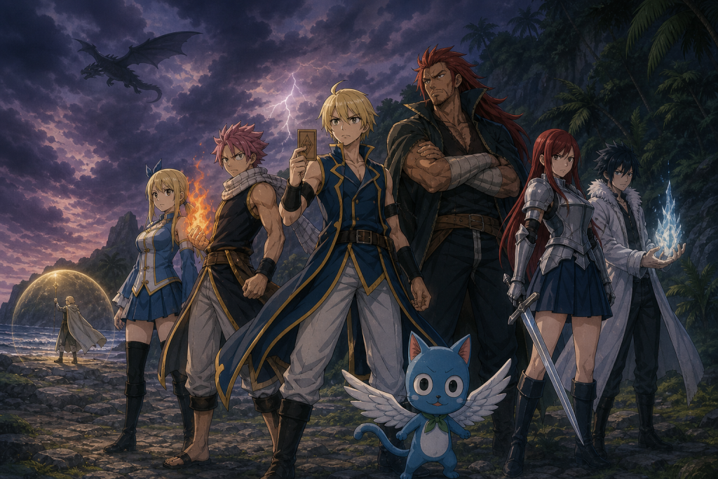 Fairy Tail members including Cana, Gildarts, Natsu, Lucy, Erza, Gray, and Happy defend Tenrou Island beneath a dark dragon