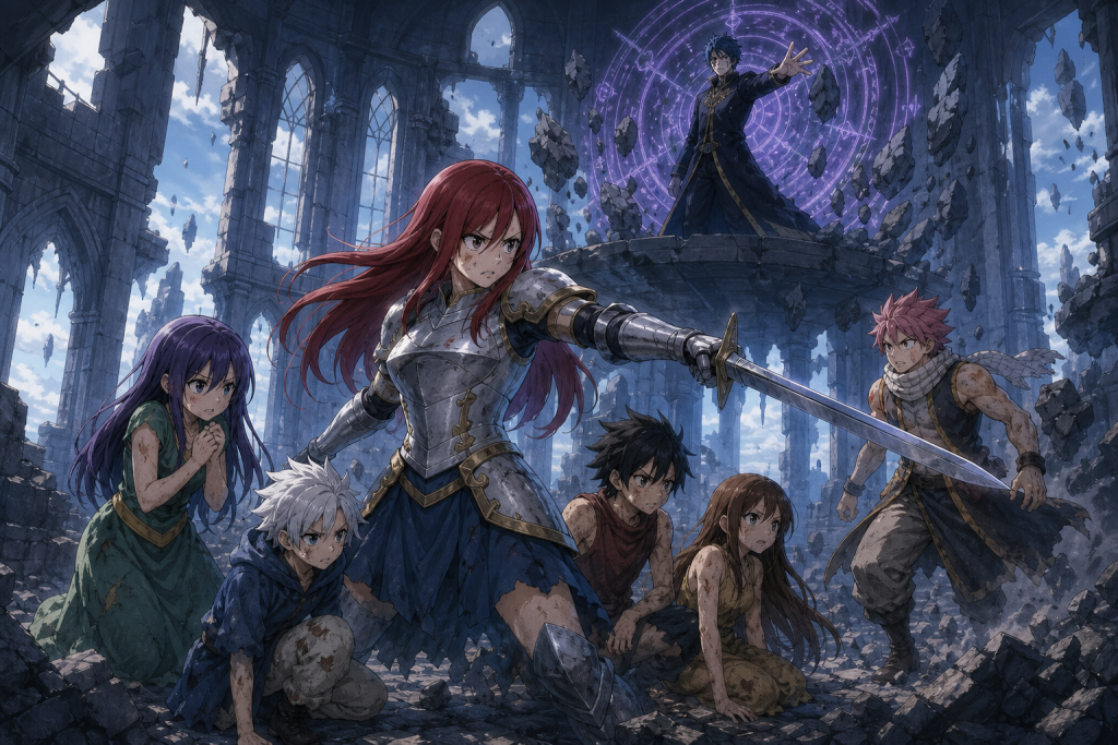 Erza shields former child prisoners inside the Tower of Heaven while Jellal controls a violet magic circle above