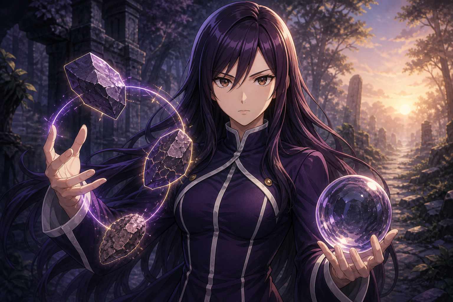 Ultear Milkovich uses Arc of Time on stone fragments beside a crystal orb