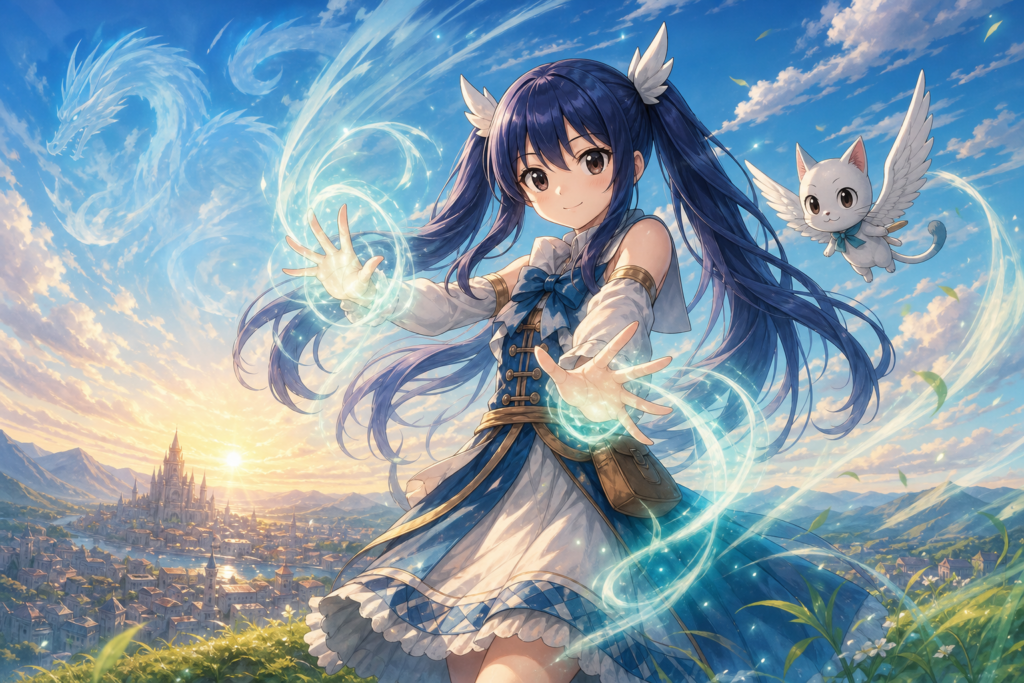 Wendy Marvell uses Sky Dragon Slayer magic with Carla above Fiore