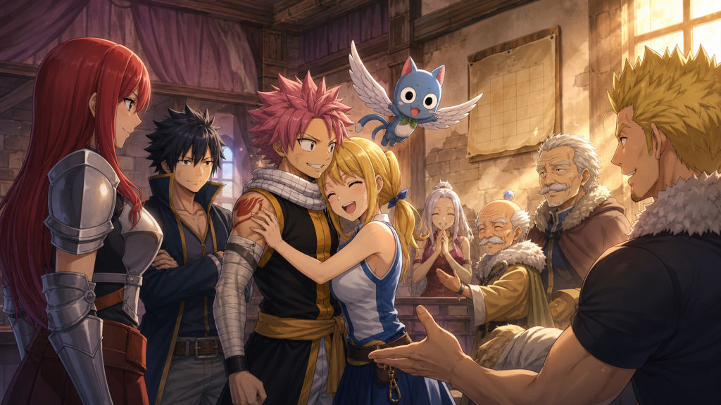 Fairy Tail members reunite inside their changed guild hall seven years after Tenrou Island