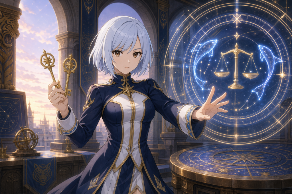 Yukino Agria opens a Celestial Spirit gate with two gold keys inside the rebuilt Sabertooth guild archive in original Fairy Tail fan art