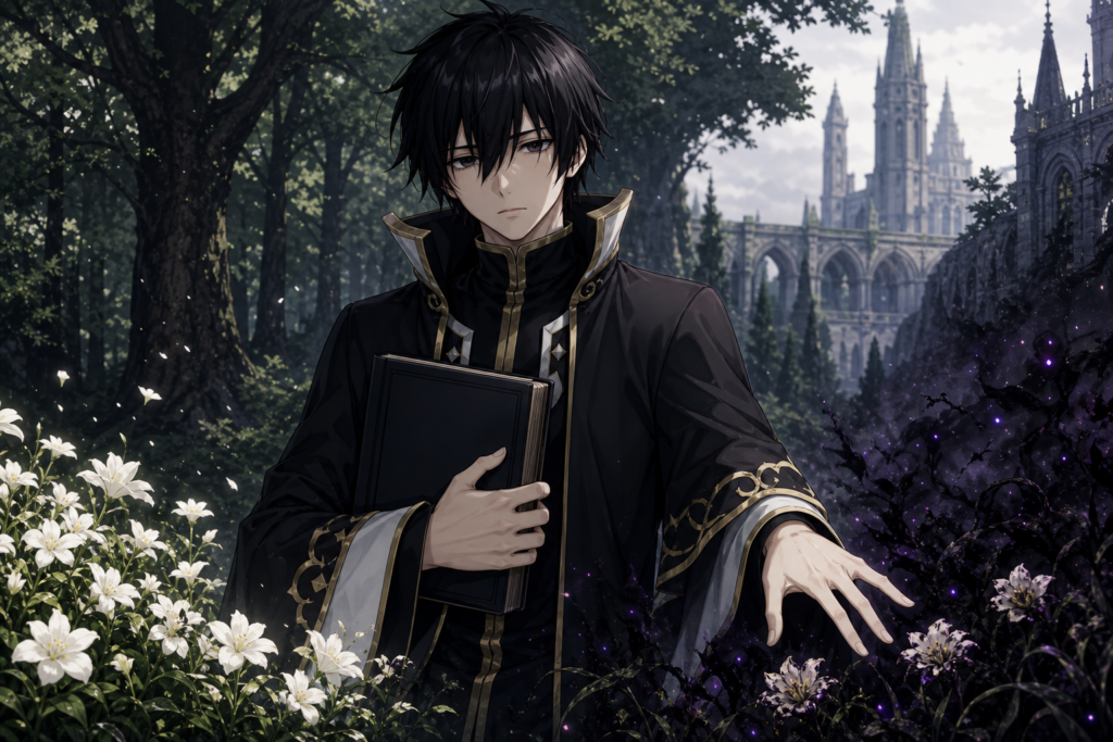 Zeref Dragneel stands between living flowers and a death aura while holding an unmarked grimoire in original Fairy Tail fan art