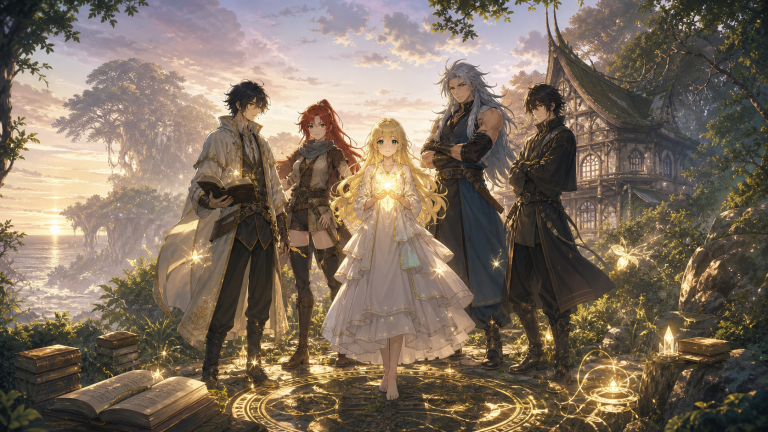 Mavis and the future founders of Fairy Tail gather in a sunlit island forest beside their first magical discoveries