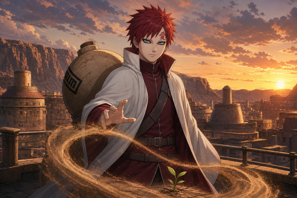 Gaara in Kazekage robes shielding a desert sprout with sand above Sunagakure at sunset