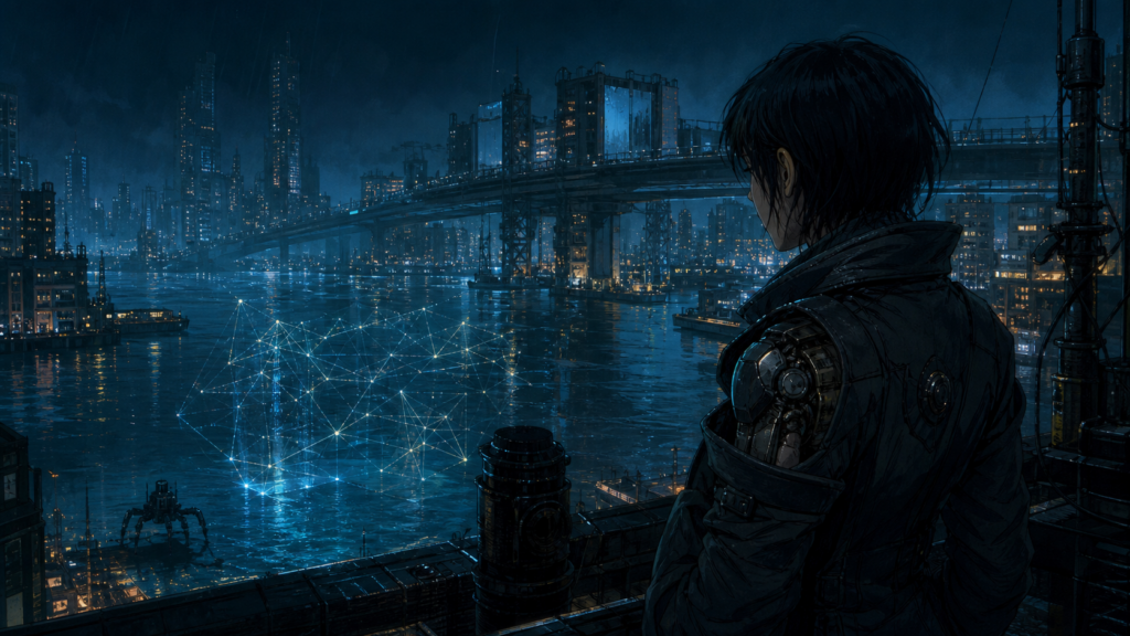 Original editorial fan art of a cybernetic public-security officer overlooking a rain-soaked networked city