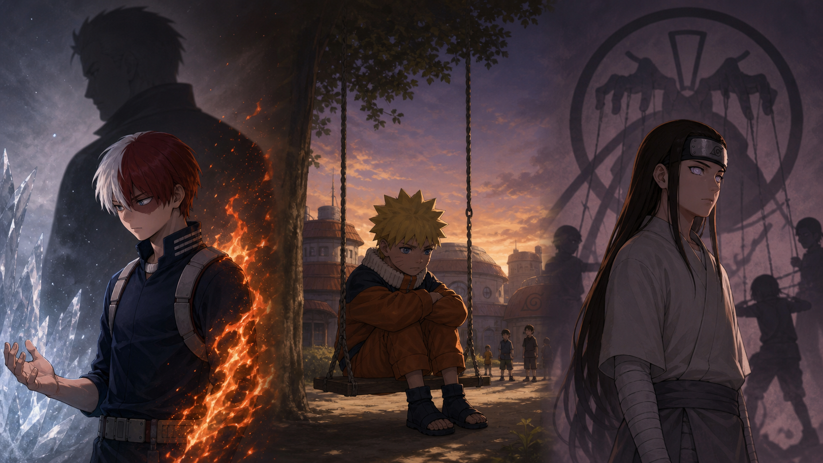 Original fan art of Shoto Todoroki, young Naruto Uzumaki near the Academy swing, and Neji Hyuga under the shadow of clan control