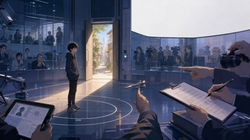 A gifted child stands beneath public spotlights while adults, cameras, and institutional banners claim access to the child’s talent and future