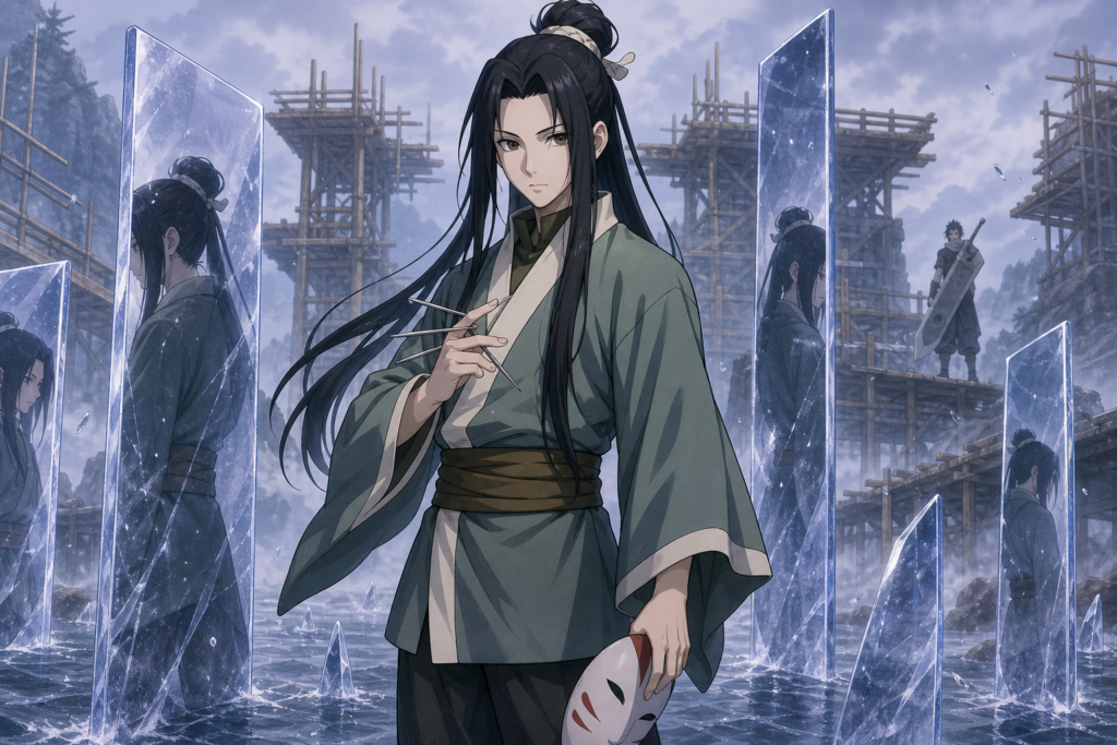 Haku stands among Demonic Mirroring Ice Crystals on the unfinished Great Naruto Bridge with senbon and an intact hunter-nin mask