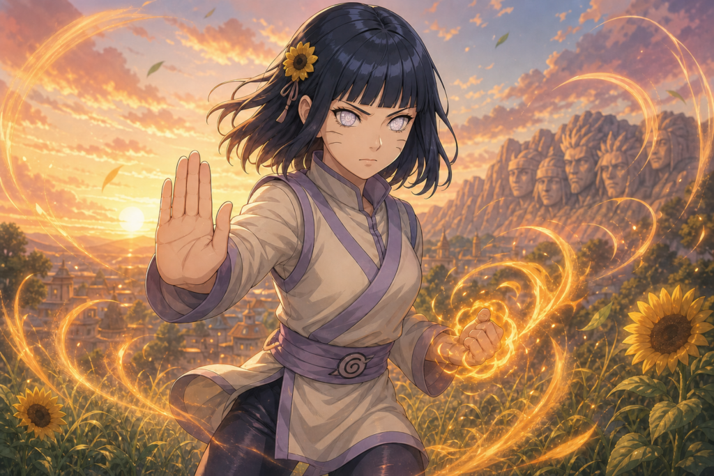 Older Himawari Uzumaki activates Byakugan and Kurama chakra in a sunflower field above Konoha