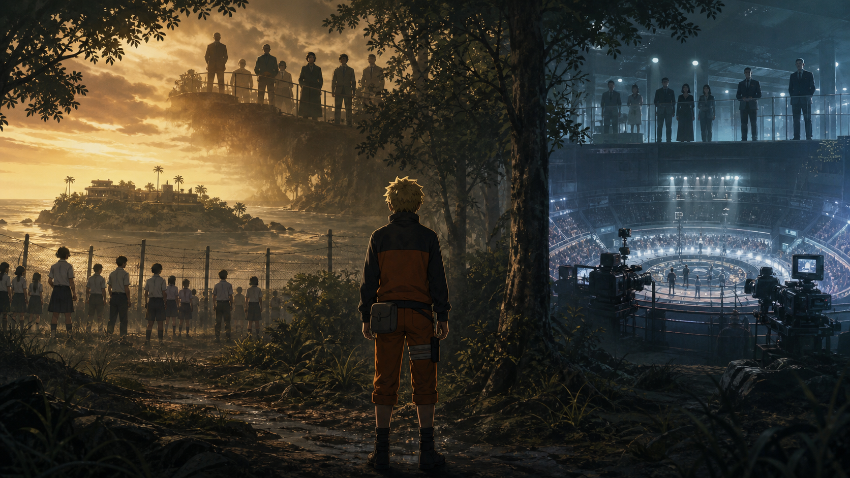 Young ninja candidate facing a forest, an island of students, and a televised arena while adults watch from safety