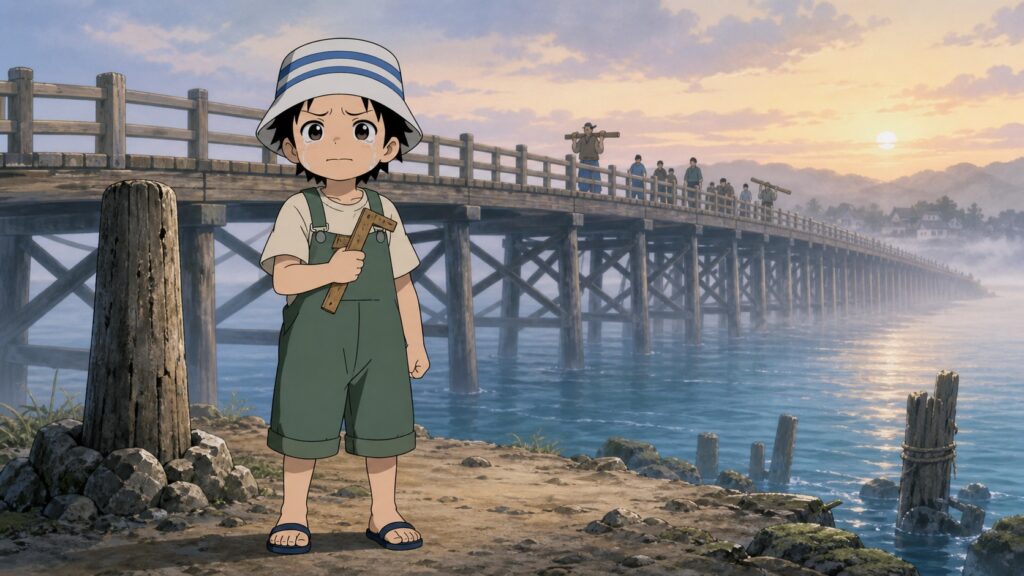 Child Inari in his striped pale hat and green overalls holds a carpenter’s square beside the completed Great Naruto Bridge at sunrise