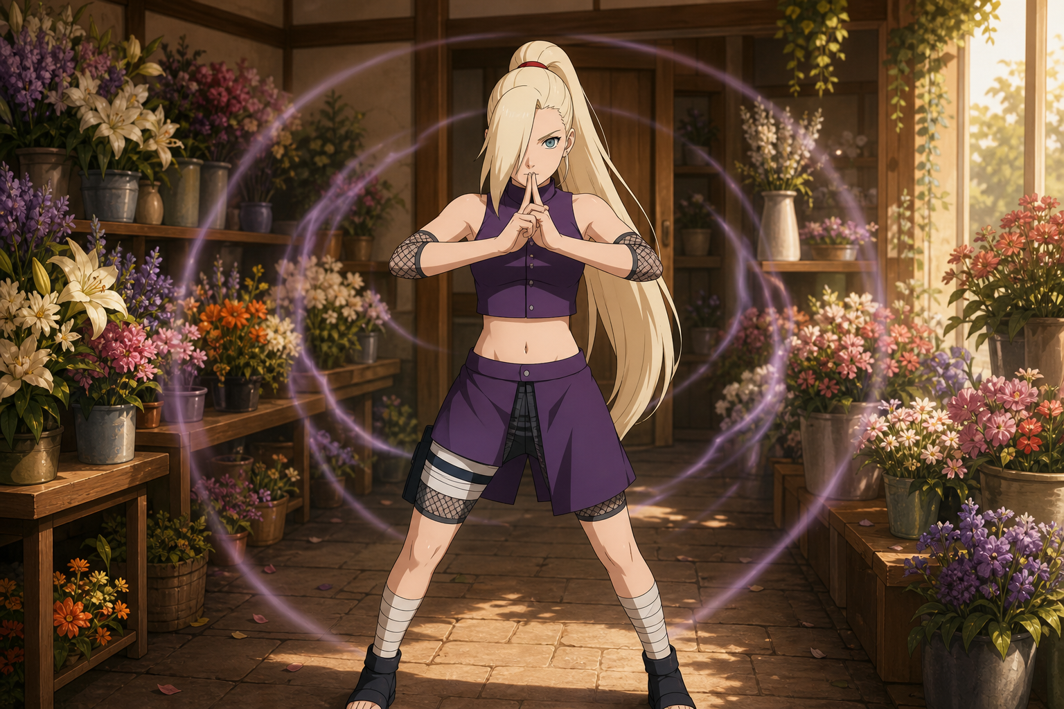 Ino Yamanaka forms the Mind Body Switch hand frame among flowers in the Yamanaka shop