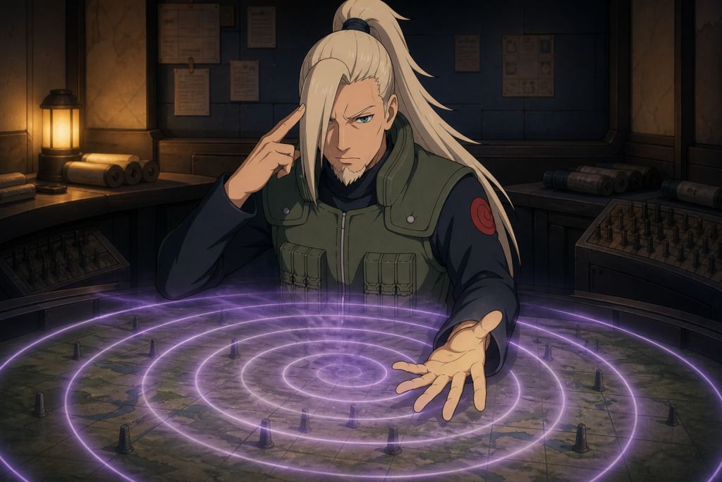 Inoichi Yamanaka directs telepathic chakra across a communications table in Allied Shinobi headquarters