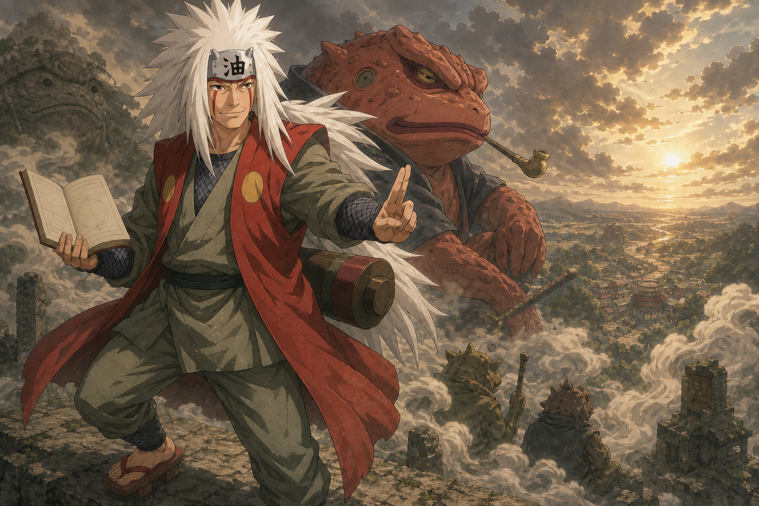 Jiraiya stands with a toad in Konoha, wearing his oil forehead plate and red coat while holding an open research book