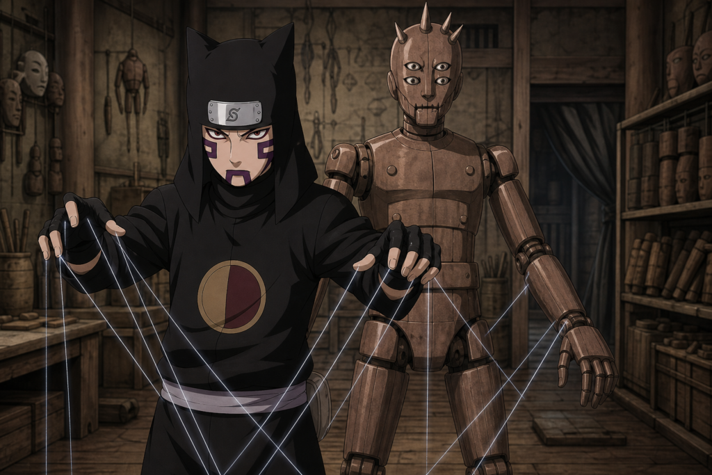 Kankurō controlling Karasu with chakra strings inside a Sunagakure puppet workshop