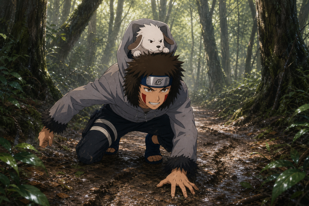 Kiba Inuzuka tracks through a wet forest with Akamaru riding on his hood