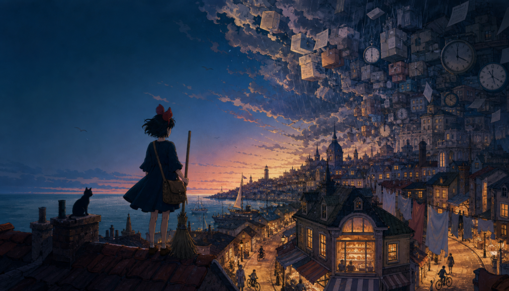 Original editorial art of a young witch facing a seaside city shaped by work, clocks, parcels, and possibility