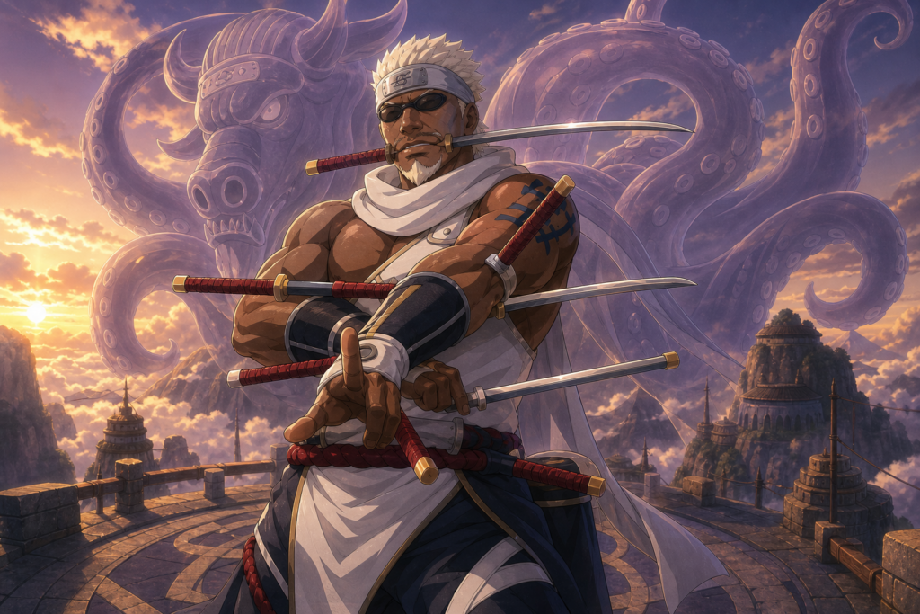 Killer B wielding seven swords before Gyuki's eight-tailed chakra silhouette above Kumogakure